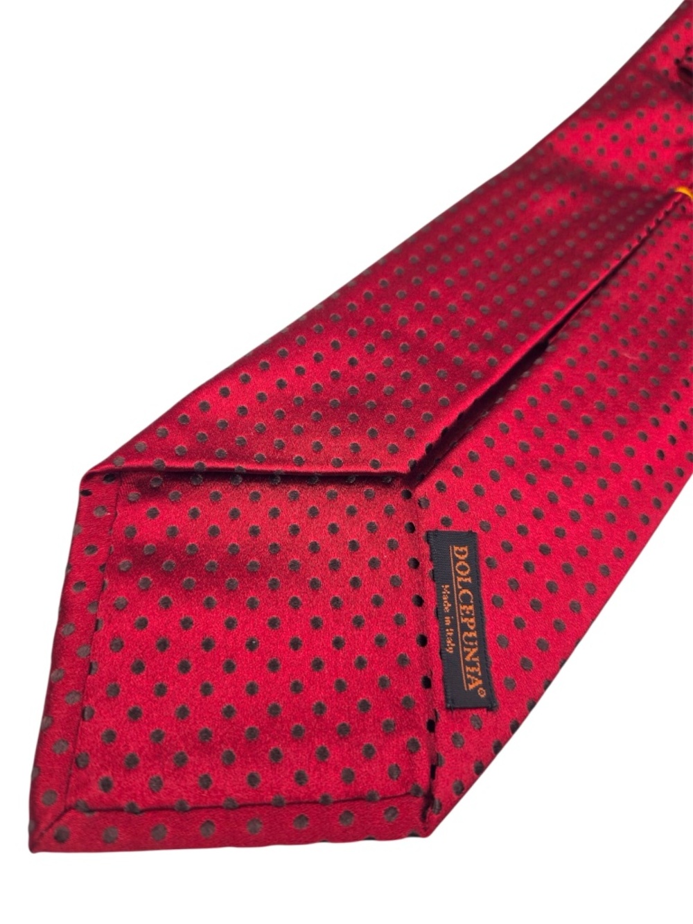 Dolcepunta Italy 7-Fold Handmade 100% Silk Red Polka Dot Tie - 4" Wide